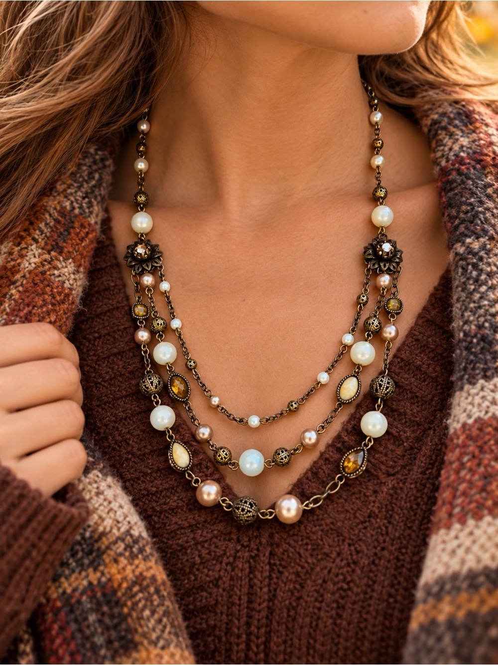Vintage Opalite Pearl Layered Necklace Boho Romantic Filigree Floral Accent